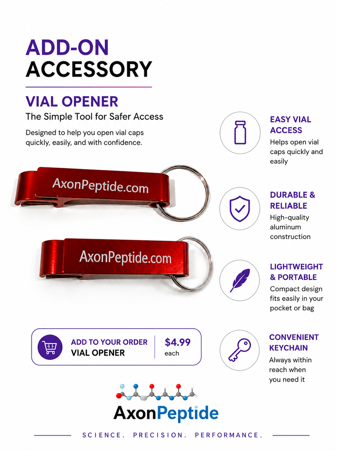AXON VialOpener keychain aluminum vial cap remover, laser-engraved AxonPeptide branding, lab accessory