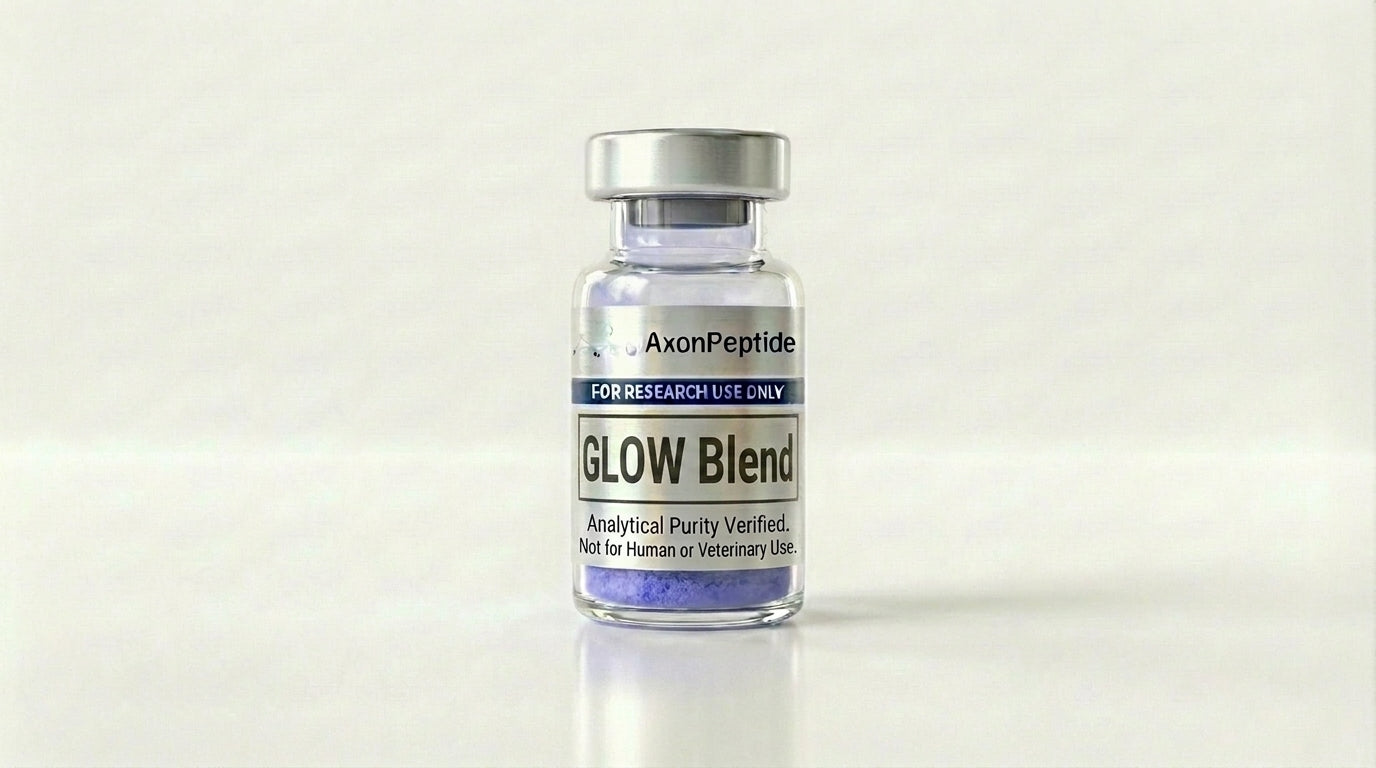 AXP-GLOW peptide blend lyophilized vial, GHK-Cu MOTS-c skin cellular research formulation, RUO