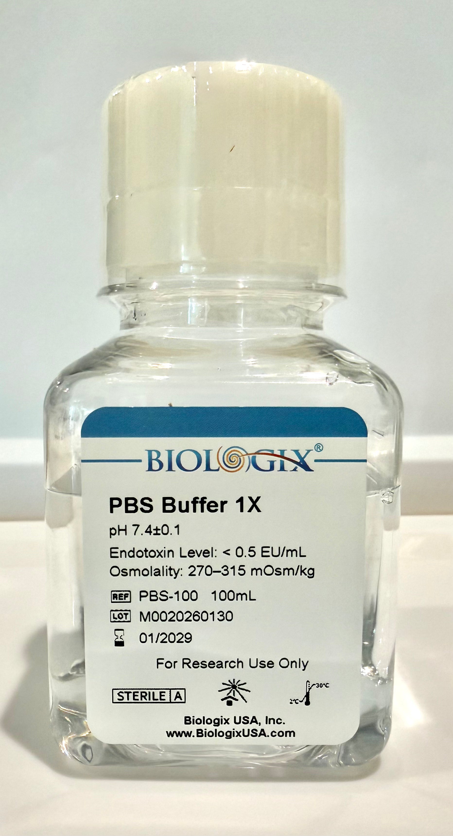 Biologix Phosphate Buffered Saline PBS 100mL, isotonic pH 7.4 buffer, research use only