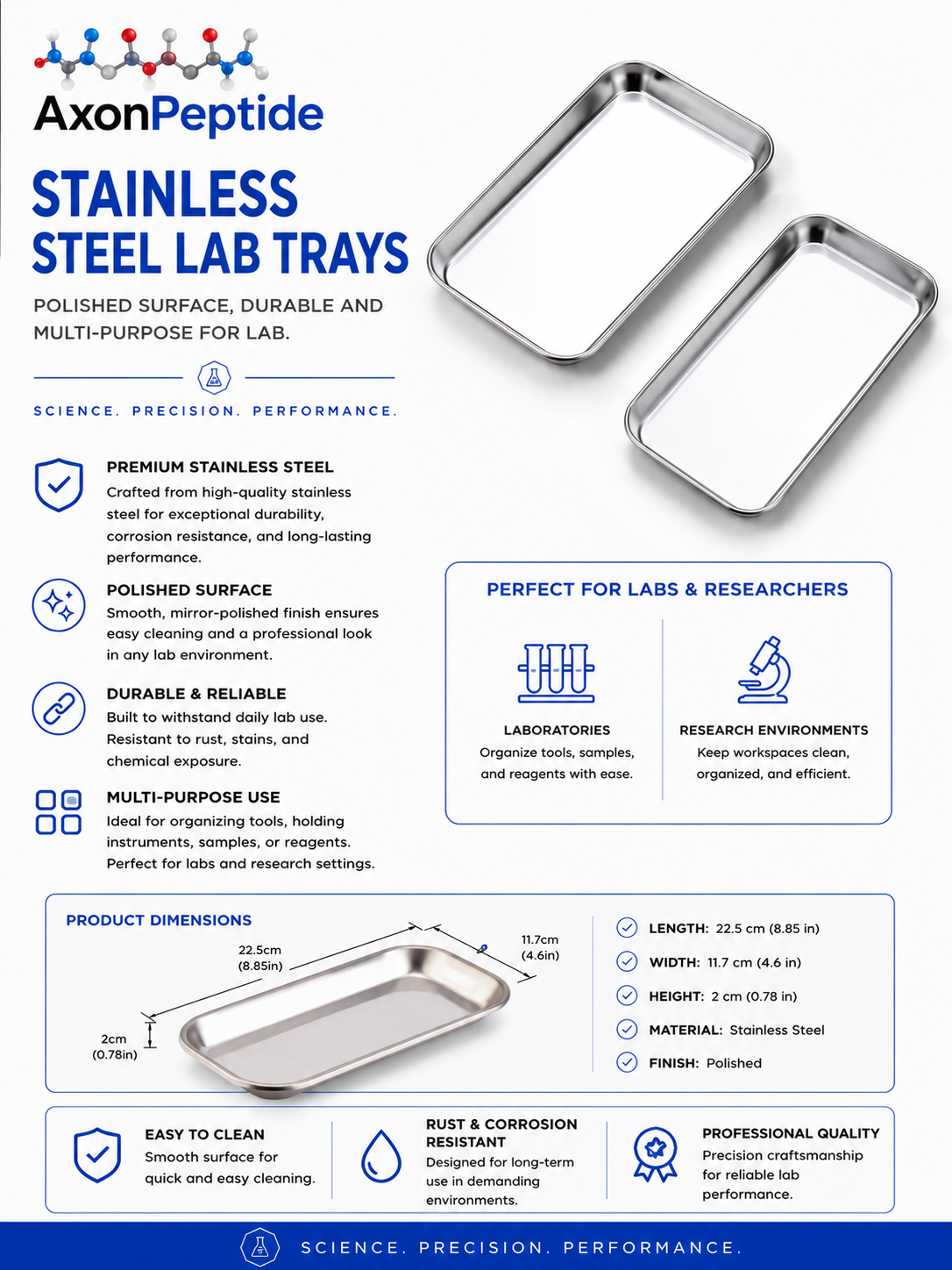 AXON Stainless Steel Research Tray polished reusable laboratory organizer, workspace preparation for research