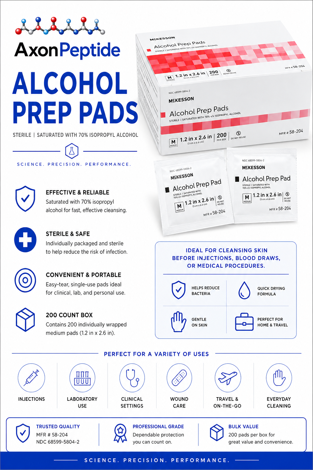McKesson Alcohol Prep Wipes 100-count box, 70% isopropyl alcohol individually packaged, laboratory research supplies