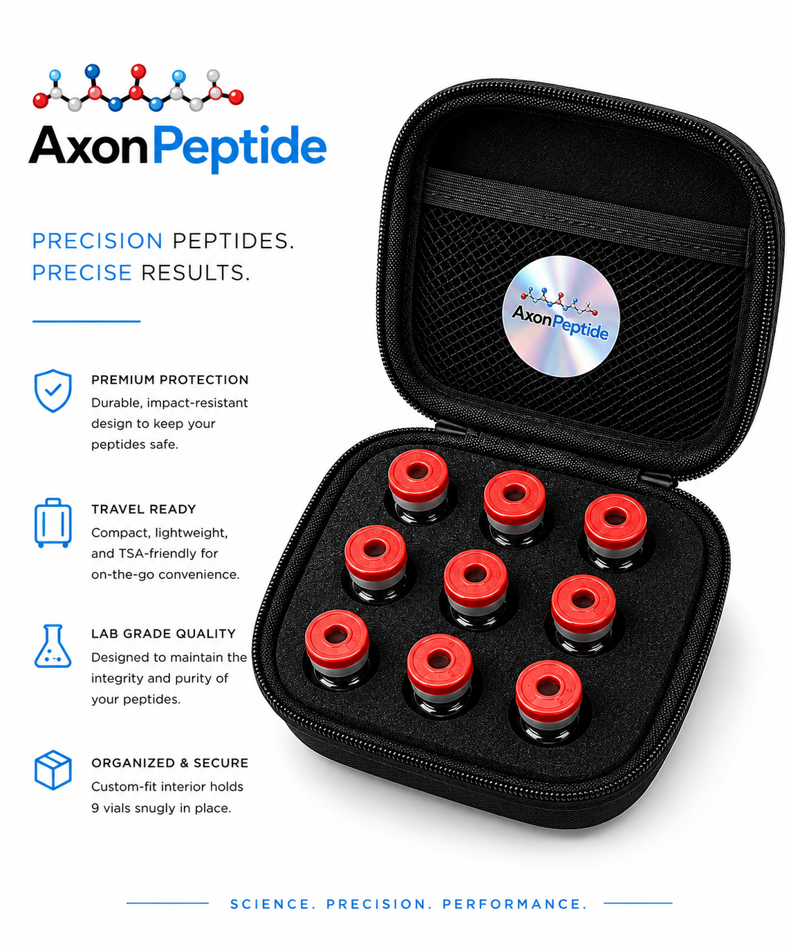 AXON Vault 9-vial travel case hard-shell EVA portable storage organizer for laboratory vials, matte black