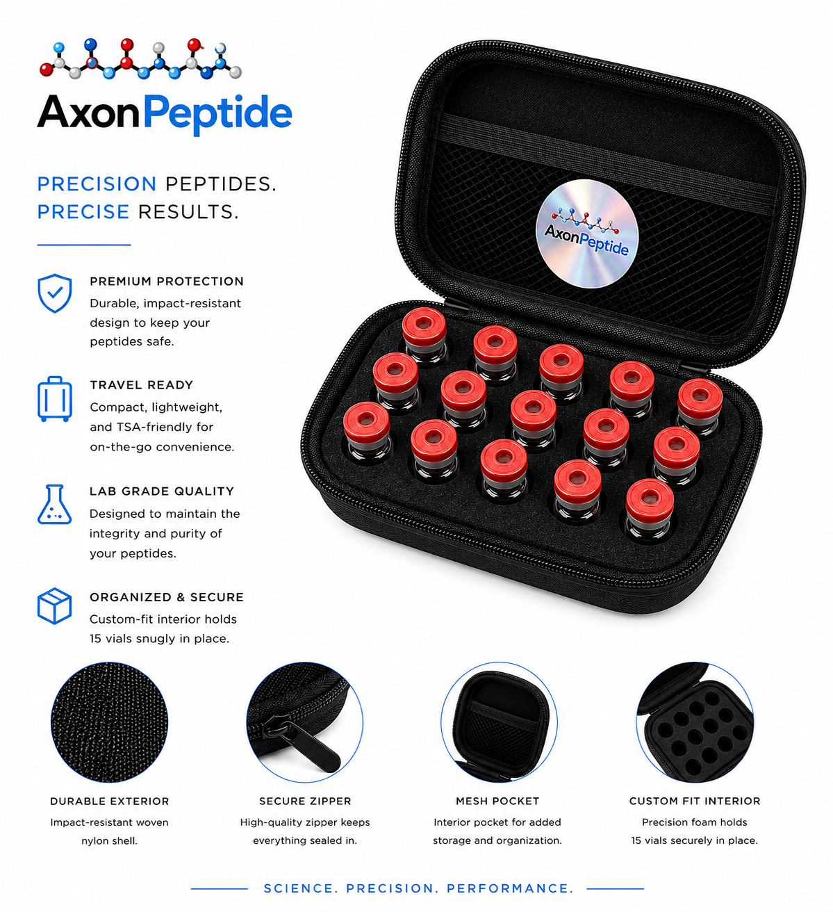 AXON Vault 15-vial travel case hard-shell EVA portable storage organizer for laboratory vials, matte black