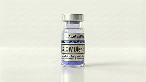 AXP-GLOW peptide blend lyophilized vial, GHK-Cu MOTS-c skin cellular research formulation, RUO