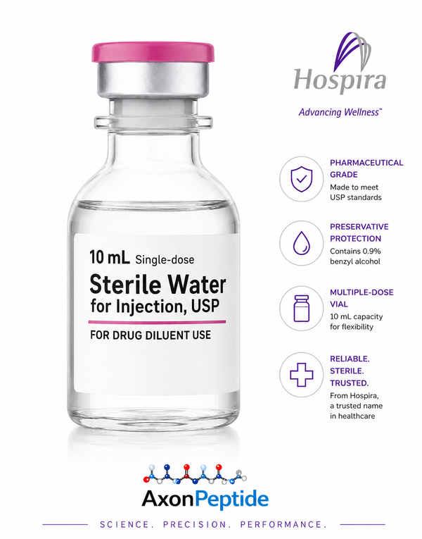 Hospira Sterile Water for Injection 10mL single-dose vial, preservative-free pharmaceutical diluent, research use